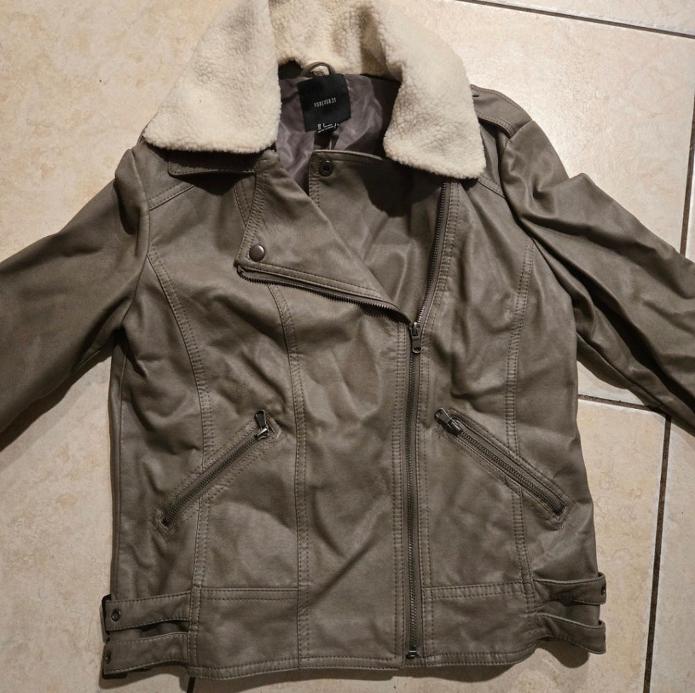 Faux Leather Jacket with Cream Collar